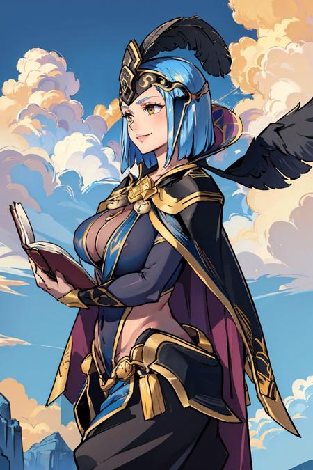 masterpiece, best quality, arete, feather, helmet, cape, leotard, cleavage, pants, huge breasts, cowboy shot, smile, holding book, from side, sky, clouds <lora:arete-nvwls-v1-000010:1>