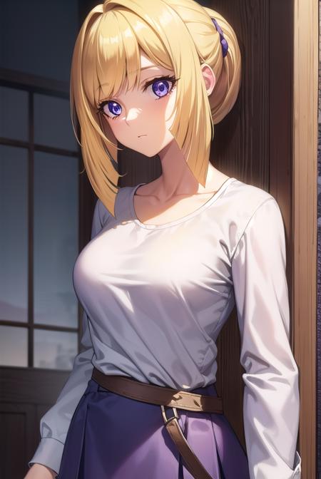 kudelia aina bernstein, (purple eyes:1.1), long hair, blonde hair, bangs, blunt bangs,  kudelia aina bernstein, (purple eyes:1.1), long hair, blonde hair, bangs, blunt bangs, ponytail, gloves, dress, red dress, white gloves, capelet, gown, red gown, apricot, black apricot, skirt, shirt, long sleeves, belt, long skirt, white shirt, collar bone, green skirt,