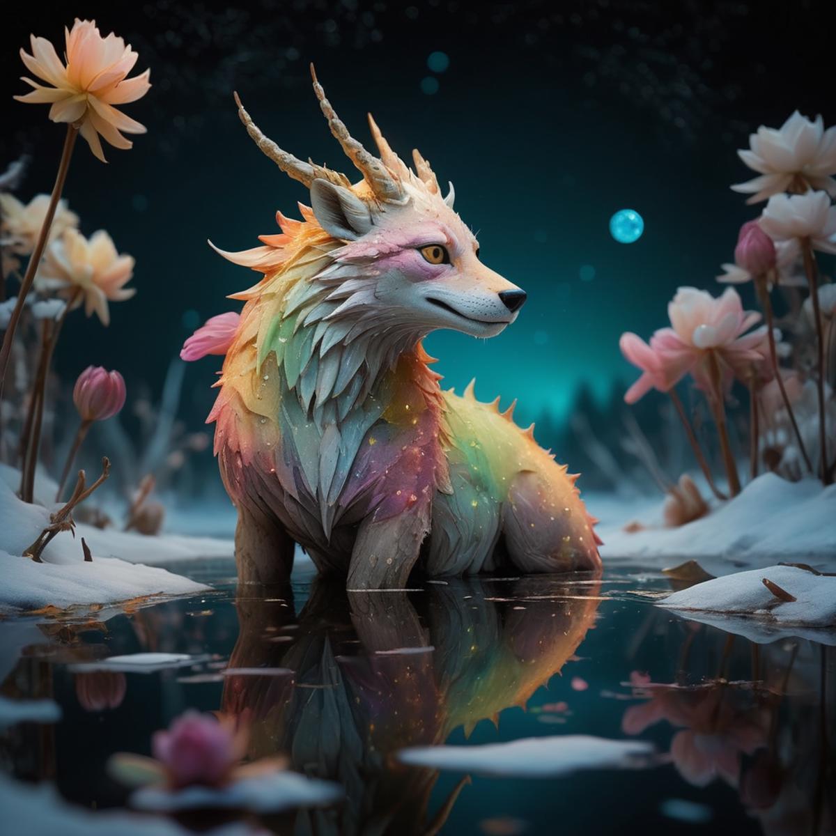 A white, pink, and yellow dog with a rainbow colored mane and horns, sitting in a pond surrounded by flowers.