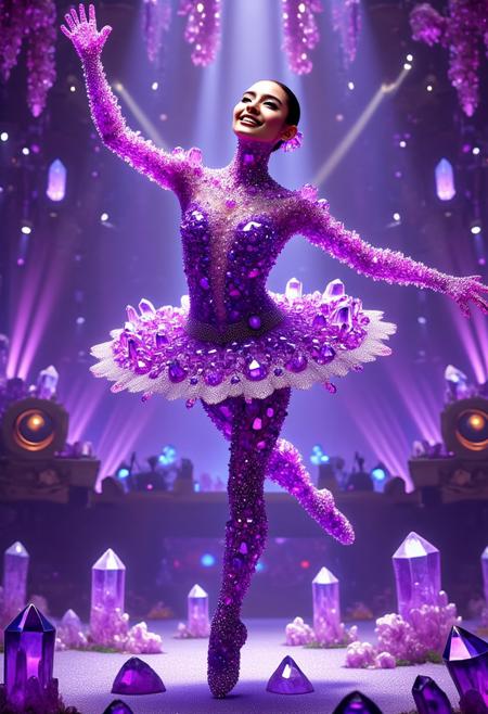 masterpiece,a Ballerina, Realistic photo of looking at viewer,smooth hair,smile,perfect eyes,perfect lips,surrounded by a purple light,covered with violet amethysts, dance s on stage, 32k, photorealistic:1.4, score_9, score_8_up, score_7_up, (Amethysize:1.5), chrystal body, ((dynamic scene))(full body)(dancing:1.4)