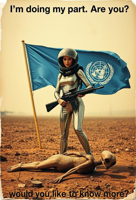 a torn and tatty recruitment photograph for the space navy. a photograph of  beautiful woman in a mirrored skin-tight jumpsuit and glass goldfish helmet is cradle carrying a high-tech rifle . The UN flag waves behind her over a desolate burnt wasteland. a dead e.t. lies at her feet, she has one foot on the body. The text at the top reads "I'm doing my part. Are you?". At the bottom it reads "would you like to know more?"