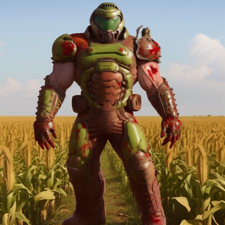 best quality, highres, absurdres, accurate,solo, standing, cornfield, 1boy, armor, clenched hands, boots, helmet, muscular, blood splatter, slayer,   <lora:doomslayer2:1>