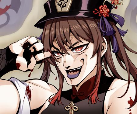 sgnjd\(a\), 1girl,araki hirohiko (style), open mouth, smile,blood,hu tao (genshin impact), hat, red eyes, twintails, brown hair, solo, symbol-shaped pupils, long hair,bangs,