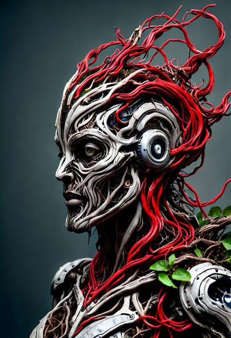 ultra detailed complex 3d rendering of a beautiful porcelain profile android face morph-treeroots, cyborg made of cd's, robotic parts made of branches and leaves, 150 mm, Beautiful soft studio light, Ring light, vibrant details, luxurious cyberpunk, lace, hyper realistic, anatomic, facial muscles, electric red cables, microchip, elegant, beautiful background, octane rendering, HR Giger style, 8k, best quality, artwork-before, illustration,, extremely delicate and beautiful, extremely detailed, CG, unity, wallpaper, (realistic, photorealistic : 1.37), unbelievable, finely detail, artwork-before, best quality, official art, extremely detailed 8k unity CG wallpaper, absurd, incredibly absurd, robot, metallic silver helmet, full body, combat position