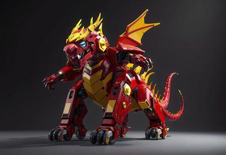 The image showcases a detailed, full-body view of a menacing red and yellow Stronghold the Moving Fortress robot, designed in the shape of a dragon with a super detailed face, eyes, clothes, and intricate armor. It has two arms, two legs, and is standing on wheels, ready for dynamic action. The composition is stunning, with captivating lighting, sharp lines, and vibrant colors, conveying a powerful message in a contemporary aesthetic. The relative position of the creates a sense of depth and movement, making it perfect for trending on Artstation and CGSociety. The level of detail, from the gleaming armor to the textured scales, is exceptional, making it ideal for 4K wallpaper or high-quality renders such as Octane or Unreal Engine 5. The image's mood is epic and cinematic, reminiscent of concept art from Riot Games or Blizzard, making it an excellent inspiration for artists, animators, and game developers.