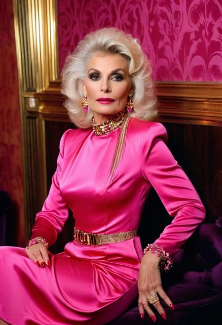 A highly detailed best quality photography from the (year 1986:1.5) shows Debra, a slim American (mature:1.5) crossdresser in a contemporary bar room. He leans lasciviously on a stylish chaise longue, half sitting, half lying down and looks at the viewer with a demeaning and arrogant smile on his face. 
The crossdressers face with (narrow-set) wide open dark eyes, (long heavily crucked nose), (slim lower jaw) and a (underbite) is (odd) but tells the interesting story of a live. The aged skin is wrinkled and shows agespots. The intricate wavy long white hair with (pink highlights) is elaborated. A heavy collar choker adornes the neck. He wears precious jewelry, Creole earrings and bangle bracelets. The decadent and extravagant (1980s style evening dress:1.5) results no cleavage because of a flat male chest.
The room is painted with gold and pink and has a minimalist furnishings in 1980s style. Wall lights create an intimate, subtle lighting atmosphere.