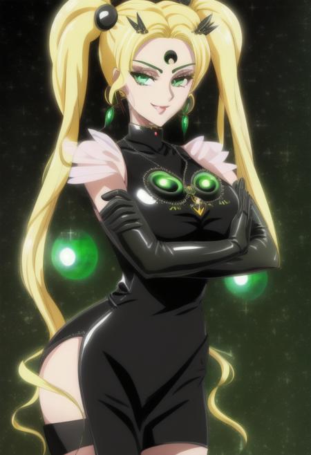 high quality, extremely detailed, perfect face,  <lora:Esmeraude:.7> Esmeraude, ((long blonde twintails)), (black moon symbol on forehead), black latex bodycon dress, large green gems, large breasts, long black latex gloves, evil smirk <lora:super_sailor_moon-v1:.9>