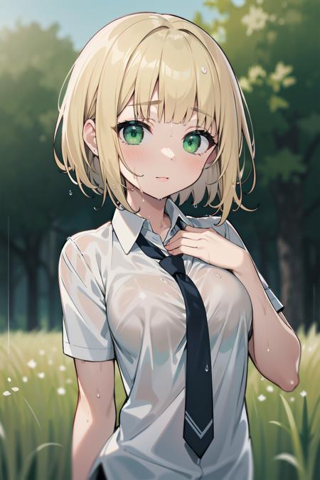 masterpiece, best quality, cute, 
short hair, blunt bangs, blonde hair, green eyes, white shirt, wet clothes, medium breasts, necktie, hand on own chest, 
close-up, depth of field, field,