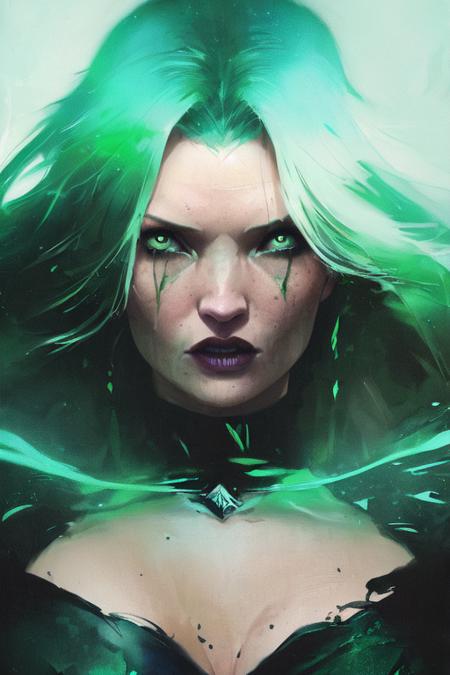 close portrait of ruinedlol Kate Moss ,dramatic lighting, green mist, dark, illustration by Greg rutkowski, yoji shinkawa, 4k, digital art, concept art, trending on artstation