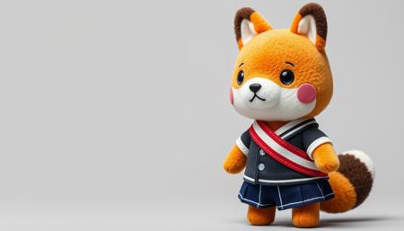 A crossover in stuffed animal style, with a sasha (animal crossing) tomoeda elementary school uniform. the background is monotone tail, and butt crush elements are seen.