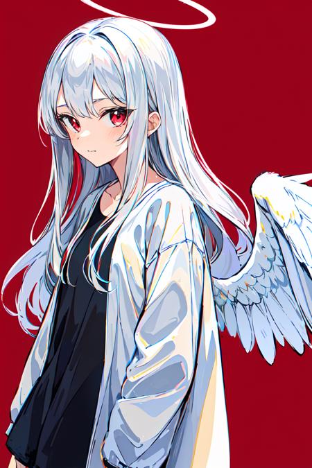 masterpiece, intricate detail,best quality,  <lora:yike:0.8>a 1girl, halo, solo, long hair, red eyes, wings, red background, angel, looking at viewer, angel wings, long sleeves, feathered wings, bangs, simple background, white hair, closed mouth, shirt, grey shirt