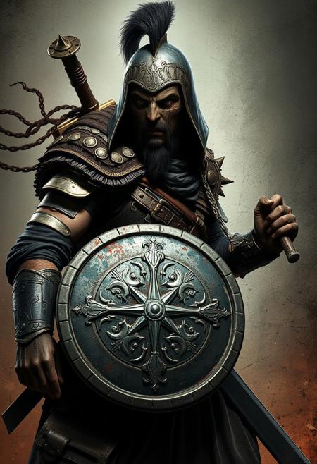 epic warrior, war torn background, defensive stance, epic quality, photorealistic, very realistic