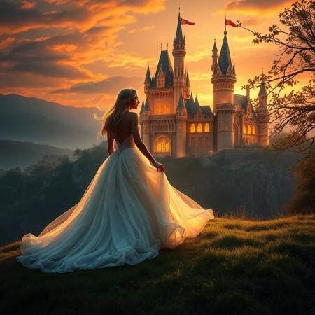 A beautiful princess in an elegant flowing gown, standing on a grassy hill at sunset, gazing at her majestic castle in the distance. The castle is grand and illuminated by the golden hour light, with tall towers and fluttering banners. The scene is magical and serene, with a soft breeze blowing the princess’s hair and dress. Fantasy atmosphere, cinematic lighting, highly detailed, rich colors, storybook style.