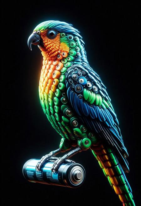 masterpiece, best quality, very aesthetic, absurdres,(score_9, score_8_up, score_7_up), createconcept, addmicrodetails, B4TT3R13S, simple background, a (parrot) made of batteries, glowing eyes, vivid eye color, (beautiful eyes:1.2), (gradient iris, crisp iris edges), confident pose, action dynamic pose, lazypos