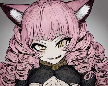 <lora:BlackSouls:0.8>
1girl, pink hair, hair curls, bangs, cat_ears, yellow eyes, evil smile