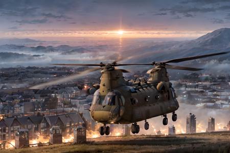 analog gloomy aerial photo of a black (Chinook helicopter, <lora:ch1n00k:0.8>), ((nighttime)), (flying low through a (city on fire)), city ruins, (urban combat), ((explosions in the background)), High Detail, Sharp focus, (photorealism), realistic, best quality, 8k, award winning, dramatic lighting, epic, cinematic, masterpiece, rim light, (action movie), ambient fog:1.5, war,  depth of field, dutch angle, motion blur,