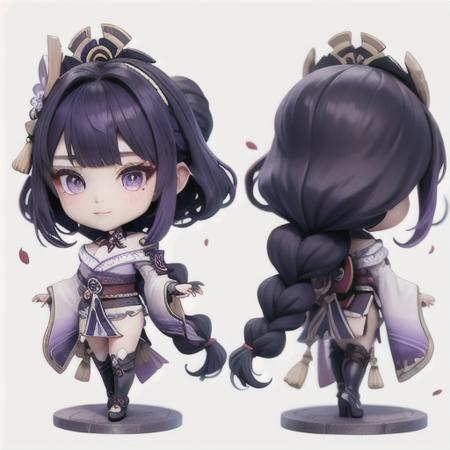 doll, raiden shogun, 1girl, long hair,japanese clothes, purple eyes, kimono, hair ornament, braid, sash, thighhighs, purple hair, chibi, obi, bangs, breasts, white background, armor, simple background, mole, looking at viewer, wide sleeves, front and back, shoulder armor, mole under eye, long sleeves, obiage, obijime, multiple views, very long hair, blunt bangs, standing, petals, closed mouth, purple kimono, gloves, bridal gauntlets, black gloves, faux figurine, single braid, full body, vision \(genshin impact\), blush, tassel, from behind, braided ponytail, ribbon, base, tomoe \(symbol\), mitsudomoe \(shape\), makeup <lora:raiden_shogun-doll1.5v1-000002:1>