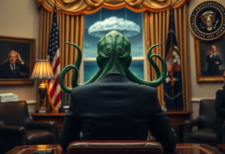 cthulu for president, oval office, mushroom cloud outside window, real photograph, inspector gadget style, photorealistic, correct hands, correct fingers, presidential seal, vote button, campaign photo, election, elegant scene, facing away, sitting