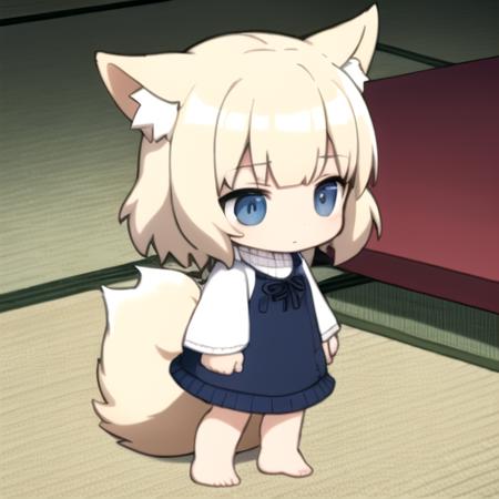 (masterpiece, best quality:1.2), chibi, platinum blonde hair, blue eyes, sweater dress, full body, bare feet, (flat shading), (anime cel-shaded:1.1), fox ears, large tail, fox tail, fluffy tail, standing, indoors, tatami mat, kotatsu,