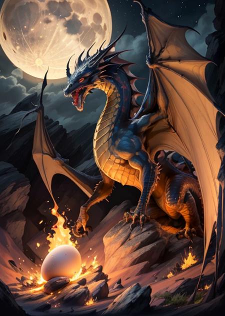 dragonesnomana,red eyes,dragon,wing,nigth,moon,(egg),fire,teeth,gold,cave, <lora:draconic-10:0.75>