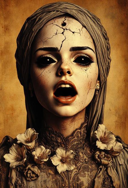 Create an intricately detailed, hyper-realistic portrait of an aging, cracking, and broken Victorian-era porcelain and paper-mache doll depicting a wise woman. A prominent crack with a hole adorns her forehead revealing a subtle glow inside the doll, adding an unsettling and eerie aura to her visage. Her eyes are completely black, resembling deep voids that seem to hold ancient secrets and untold stories. She is set against a backdrop of aged, yellowed parchment, its worn textures complementing her own decaying appearance. Her ornate, Victorian-inspired gown is adorned with delicate, hand-crafted paper flowers, their petals unfolding like tiny, intricate sculptures—some torn and weathered by time. Her mouth is open wide as if screaming.
The overall aesthetic blends Luis Royo's dark, mystical realism with Artgerm's meticulous attention to detail and H.P. Lovecraft's eerie, otherworldly sensibilities. Ambient light casts dramatic shadows across her face, accentuating the aging textures of the paper-mache and the luminous yet cracked porcelain-like skin. The delicate, swirling patterns of the gown's aged embroidery are highlighted, emphasizing the craftsmanship of a bygone era. Wisps of faded lace and frayed edges add to the haunting beauty of the scene. The atmosphere exudes haunting elegance and creeping unease, capturing the duality of beauty and decay in a single, mesmerizing image.