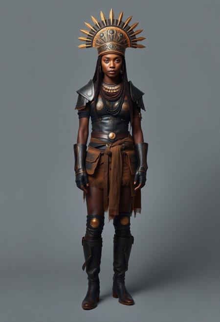 symmetrical front view, standing pose, ancient islamic female warrior, african skin, tribal make up, she wears a sexy leather armour, she wears a tribal necklaces, she wears dark old and dirt clothes, she wears leather tall boots, she wears long cape, she wears a great and oppulent headpiece, neutral grey background