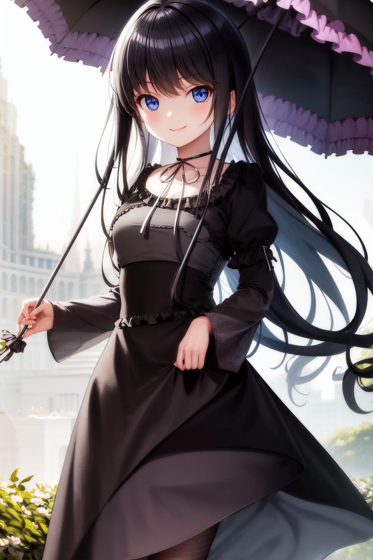 masterpiece, best quality, highres, 1girl, black dress neck ribbon <lora:natsuki_minamiya:1> holding umbrella, smile