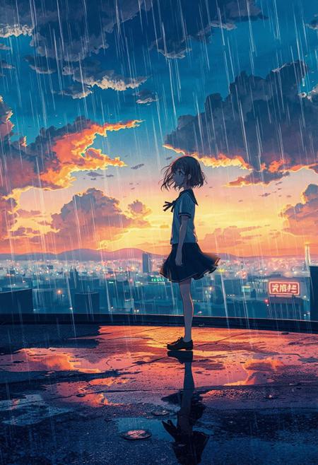 Vertical 9:16 cinematic anime scene, high-detail 4K, in the style of “Weathering with You” key art: a lone girl in school uniform standing on a rain-soaked rooftop at twilight, her hair and skirt caught by a gentle breeze; glowing city lights below reflected in puddles; soft watercolor clouds drifting overhead, tinged with warm orange and deep indigo; shafts of sunlight breaking through rain clouds casting luminous beams; delicate lens flare accents and subtle film grain; emotional, hopeful atmosphere with a hint of magic; hyper-detailed textures on wet surfaces and gentle parallax motion in clouds and distant neon signs
