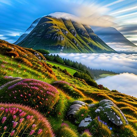 highland scotland landscape background, Clover, bunch grass, Crystals, rocks, crags, clouds and fog