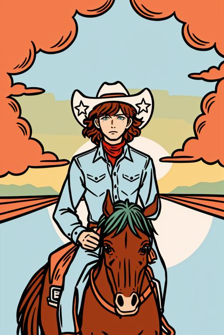 western illustration, masterpiece, best quality, 1boy, aqua eyes, baseball cap, brown hair, closed mouth, outdoors, cowboy hat,  shirt, short hair, simple background, solo, upper body, horse, riding horse, sunset  <lora:western_illustration_offset:1>