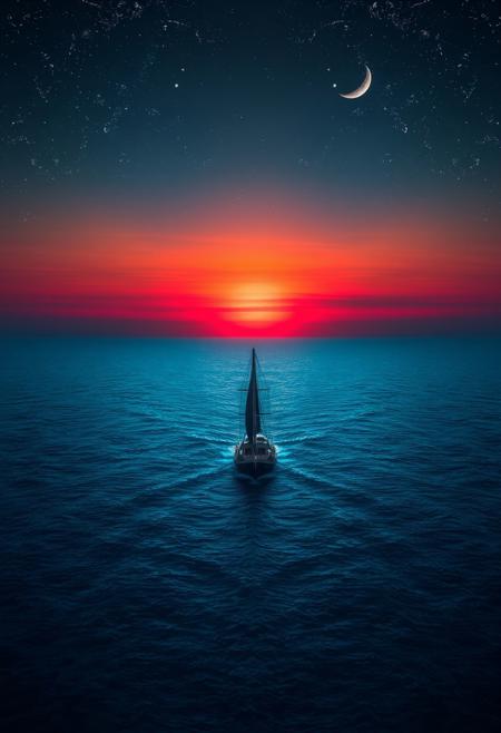 A majestic cinematic shot frames the lone ship gliding across the deep blue ocean, against the breathtaking backdrop of a fiery orange-pink sunset dissolving into inky blackness. The crescent moon casts a soft glow, illuminating the bioluminescent water's shimmer. The vast ocean and celestial sky evoke tranquility, wonder, and awe, while the solitary ship adds mystery and adventure, inviting the viewer to embark on a fantastical journey across the starry sea.