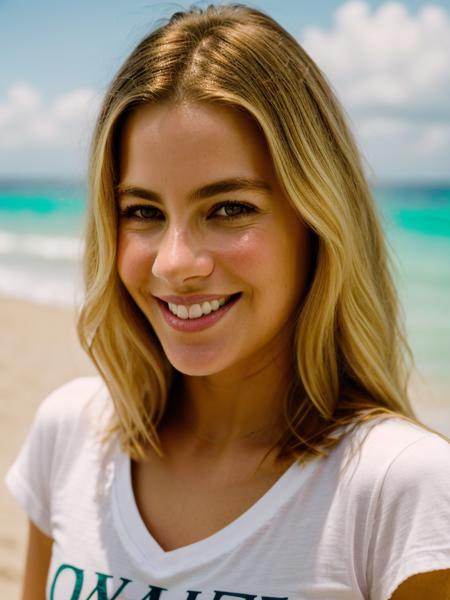 Realistic photo of a beautiful s0f14v-v2 woman, 1girl, solo, long hair, looking at viewer, smile, (((blonde hair))), white t-shirt, brown eyes, upper body, outdoors, sky, teeth, day, water, grin, ocean, beach, realistic, sand, soft lighting, professional Photography, Photorealistic, detailed, RAW, analog, sharp focus, 8k, HD, DSLR, high quality, Fujifilm XT3, film grain, masterpiece<lora:s0f14v-v2:1.0>