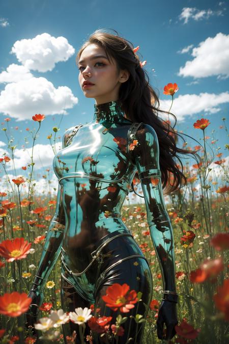 1 girl, long hair flowing, flowers, sky, outdoor, clouds, solo, red flowers, grass, fields, black hair, standing, sky, blurry, blue sky, looking at the audience, transparent, transparent body, whole body transparent, <lora:wlqc_20230914062552-000002:1>