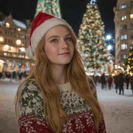 side view, looking out of frame, a gorgeous 21 y.o woman, green eyes, strawberry blonde hair, long straight hair, happy, cheery, wearing a christmas sweater, wearing a christmas hat, (looking at a giant christmas tree:1.5), on a big city square, at night,  snow, natural skin, skin moles, skin pores, goosebumps, high detailed, (cinematic, film grain:1.1)