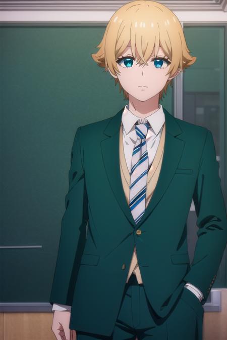 kousukemisaki, <lora:kousuke misaki s1-lora-nochekaiser:1>,
kousuke misaki, short hair, blue eyes, blonde hair, hair between eyes, male focus,
BREAK shirt, long sleeves, school uniform, jacket, white shirt, open clothes, necktie, collared shirt, pants, open jacket, black pants, blazer, red necktie, (green jacket:1.5), brown pants,
BREAK indoors, classroom,
BREAK looking at viewer, (cowboy shot:1.5),
BREAK <lyco:GoodHands-beta2:1>, (masterpiece:1.2), best quality, high resolution, unity 8k wallpaper, (illustration:0.8), (beautiful detailed eyes:1.6), extremely detailed face, perfect lighting, extremely detailed CG, (perfect hands, perfect anatomy),