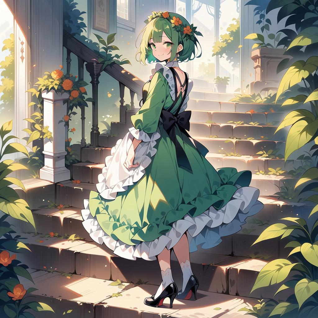 ((masterpiece, best quality, illustration)),1girl, solo, looking at viewer, smile, short hair, bangs, hair ornament, long sleeves, dress, bow, ribbon, closed mouth, green eyes, standing, full body, flower, frills, green hair, socks, looking back, hair flower, black footwear, apron, high heels, from side, leaf, frilled dress, plant, white socks, green dress, stairs, back bow, head wreath