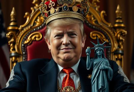 Donald Trump as the King of the USA: Donald Trump sits on a regal throne, crowned as the “King of the USA.” His crown is adorned, not with traditional jewels, but with the symbols of major cryptocurrencies: Bitcoin, Ethereum, and Dogecoin. Trump’s expression is a fierce yet confident smile, exuding a sense of power and dominance.
Scene Composition: In the background, Kamala Harris appears distressed, shedding tears as she’s gently supported by a small Statue of Liberty figure, which tugs her forward as if to reassure her or console her loss.
Visual Style: Shot using Panavision Cine Prime lenses, with top-level color correction and detail. The image is polished with a docufiction style, adding a subtle realism and dramatic cinematic flair. Colors are vivid yet slightly moody, capturing the contrast between Trump’s triumph and Harris’s despair.