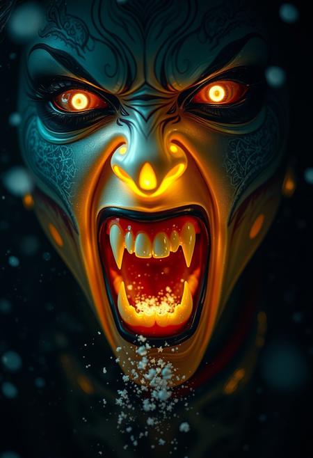 A cinematic extreme close-up of assassinmihq reimagined as a terrifying japanese witch. Her mouth is wide open in a menacing scream, revealing sharp, jagged teeth, as poison Cloud breath escapes into the eerie air. Her translucent skin glows faintly, as if made of magic, with intricate patterns glistening across her face. Her wide, glowing eyes exude both beauty and terror, contrasting with the eerie perfection of her Ethereal form. Backlighting creates a dramatic, atmospheric glow, illuminating the snowflakes swirling in the air and emphasizing the sharp edges of her charming visage. The scene is chilling, intense, and hauntingly beautiful.