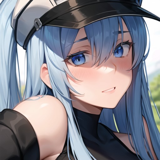 Esdeath, 1girl, solo, sexy, blue hair, close up, (blush:1.4), mountain, rock, nature, <lora:esdeath1:0.6>