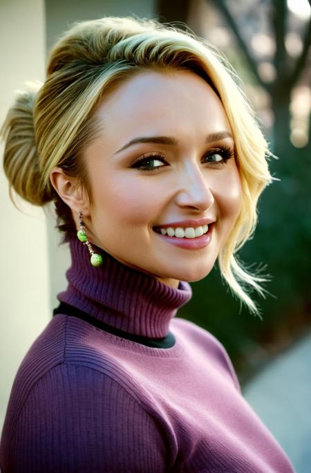 A photorealistic image of Hayden Panettiere woman, smiling, in a turtleneck sweater, easter theme, analog film grain, bokeh, side view