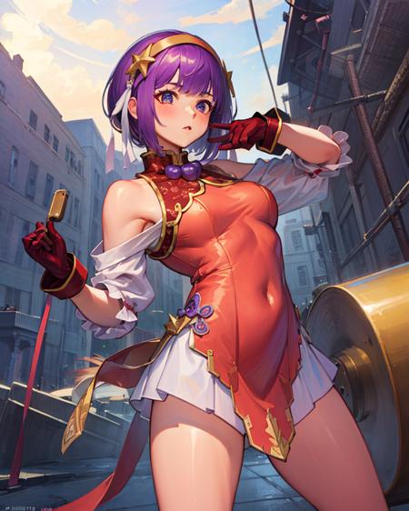 (masterpiece, best quality, high resolution),cowboy shot, 1girl, solo, athenams, hairband, chinese clothes, red dress, gloves, hair ornament ,bare shoulders <lora:AthenaMS:1>