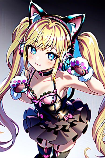 masterpiece, best quality,  <lora:last_lucky_cloe:0.5>, 1girl, animal ear headphones, animal hands, blonde hair, bangs, cat ear headphones, cat paws, fake animal ears, gloves, hair ornament, headphones, ribbon, twintails, pink theme, blue eyes, dress, lucky cloe, chocker, cat tail, concert,from above , glossy cloth, :3