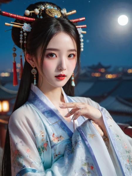 yanyuelou, 1girl, solo, long hair, looking at viewer, simple background, black hair, hair ornament, long sleeves, white background, dress, jewelry, upper body, earrings, sky, wide sleeves, white dress, black eyes, lips, see-through, makeup, night, facial mark, chinese clothes, moon, lipstick, full moon, hair rings, shawl, forehead mark, realistic, red lips, hagoromo, hanfu <lora:yanyuelouSDXL-000008:0.8>