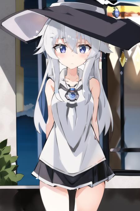 <lora:Elaina_v1.1:1>, one girl, grey long hair, blue eyes, cold face, witch hat, white sleeveless tops, black skirt, necklace, sunset, masterpiece, best quality,