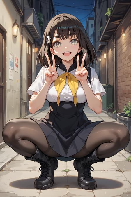 ichinose hajime, black hair, gray eyes, thick eyebrows, hair ornament, white shirt, suspender skirt, high-waist skirt, yellow ascot, black pantyhose,