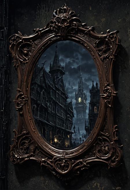 Victorian modern architecture, the city of Yharnam is inside the small mirror, The small mirror is centered, bloodborne, oil painting, done with japanese brush technique, realistic, extreme detail, scary, terrifying, dark and warm environment, 8k, looking at viewer, ominous, looming, eldritch
<lora:EpicF4nta5yXL:0.8>