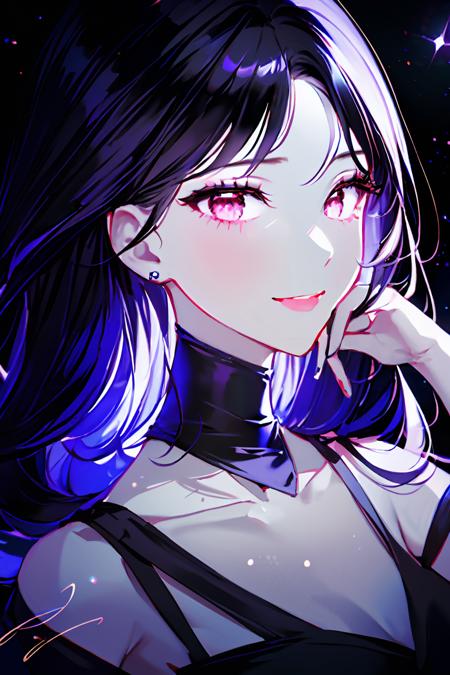 (masterpiece, best quality, absurdres:1.2), 1girl, tall female, mature female,  smile, pretty girl, beatiful face, black hair,  detailed face, glitter, eye glitter, red eyes, glowing eyes, night sky, night, purple theme,  <lora:GomziStyle:1>,