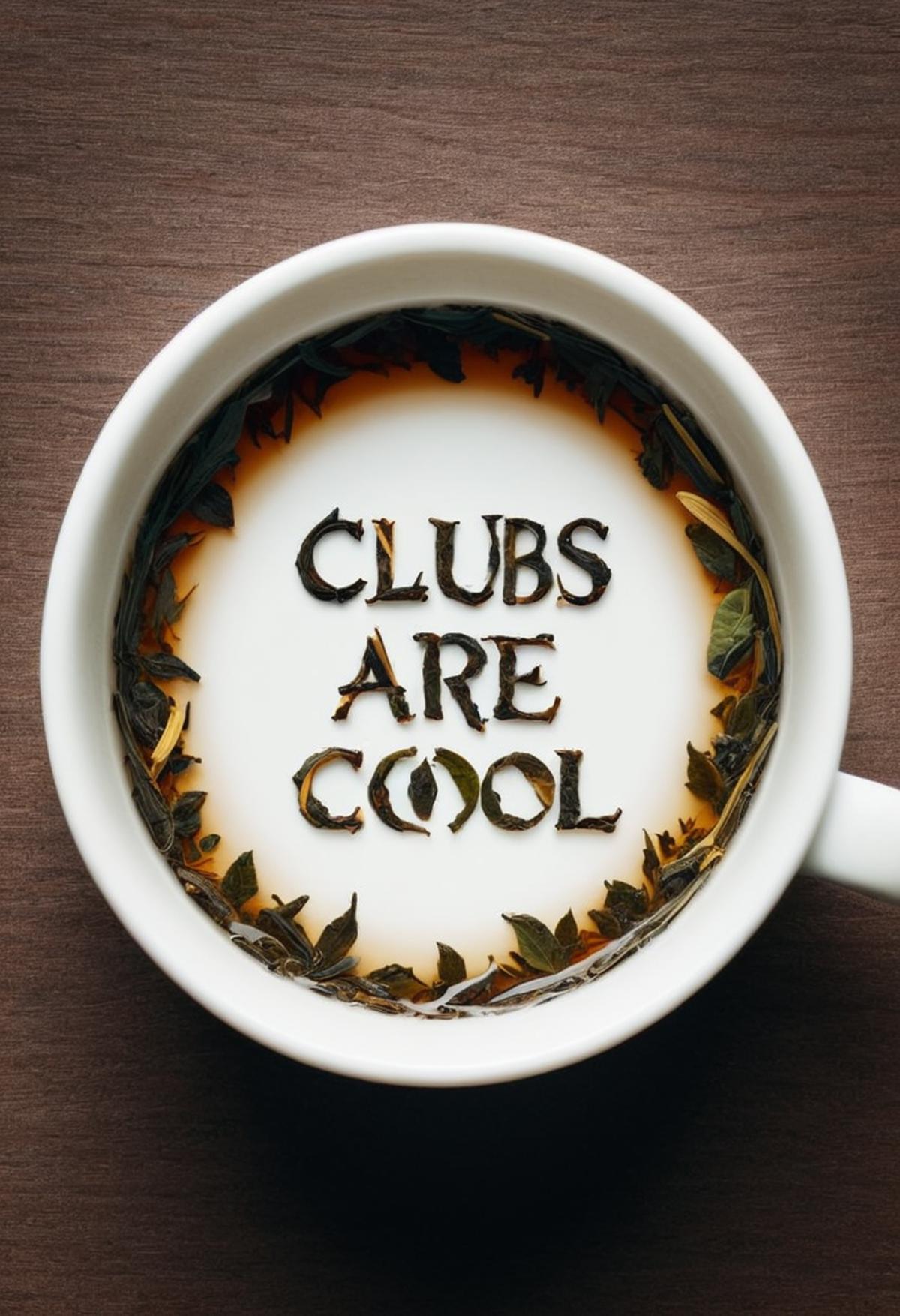 A cup of coffee with a saying on it that says "Clubs are cool."