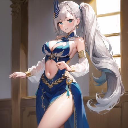 masterpiece, best quality, absurdres, perfect anatomy, cowboy shot, smile, parted lips, 
Pavolia Reine, 1girl, solo, long hair, grey hair, aqua eyes, bright pupils, looking at viewer, bangs, hair ornament, thighighs, dress, large breasts, jewelry, braid, earrings, detached sleeves, side ponytail, blue dress, feather hair ornament, braided bang, cutout, ((navel cutout)), long skirt, navel, one-piece