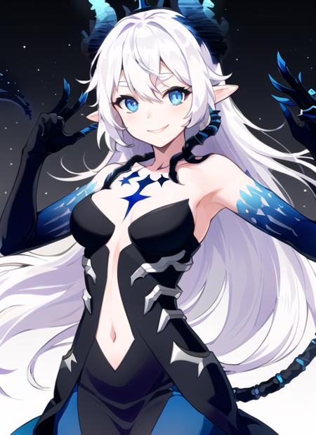 <lora:luciela1-000005:1>, diablaBig1,upper body, smile, standing, white background, simple background, black dress, navel cutout, medium breasts,